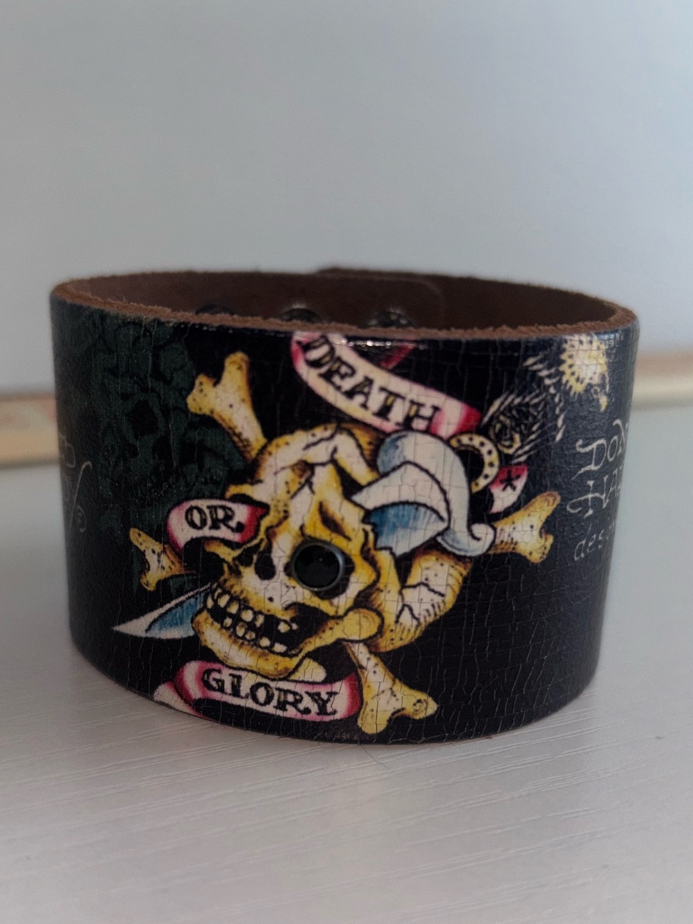 Ed Hardy Black Leather Skull & Crossbones Wide Cuff. Unisex. Y2K